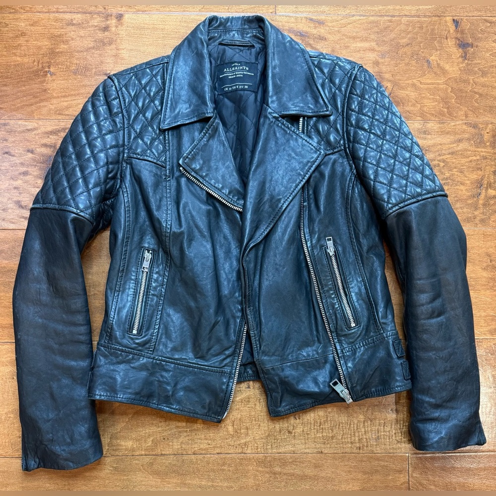 AllSaints Leather Moto Jacket Quilted Biker Buckle Black US 6